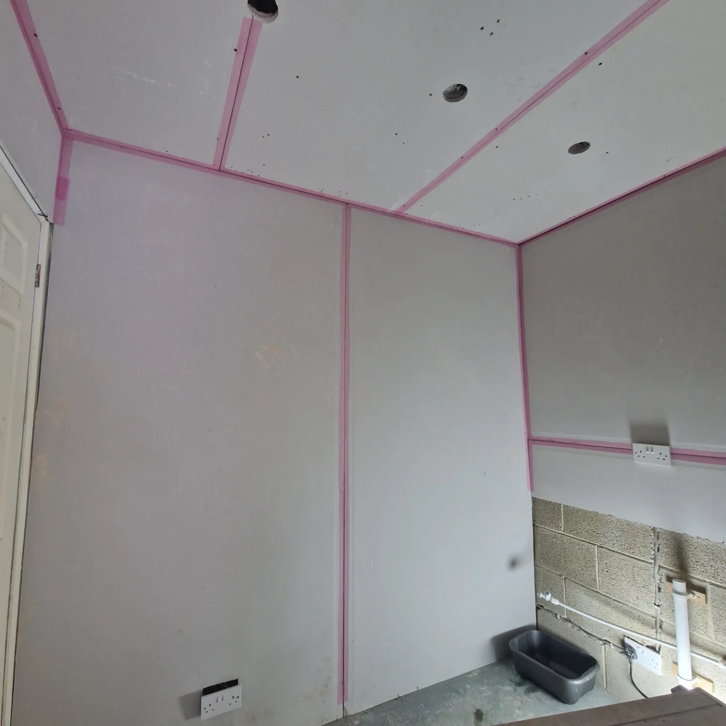 Room fully boarded and jointed ready for plaster application